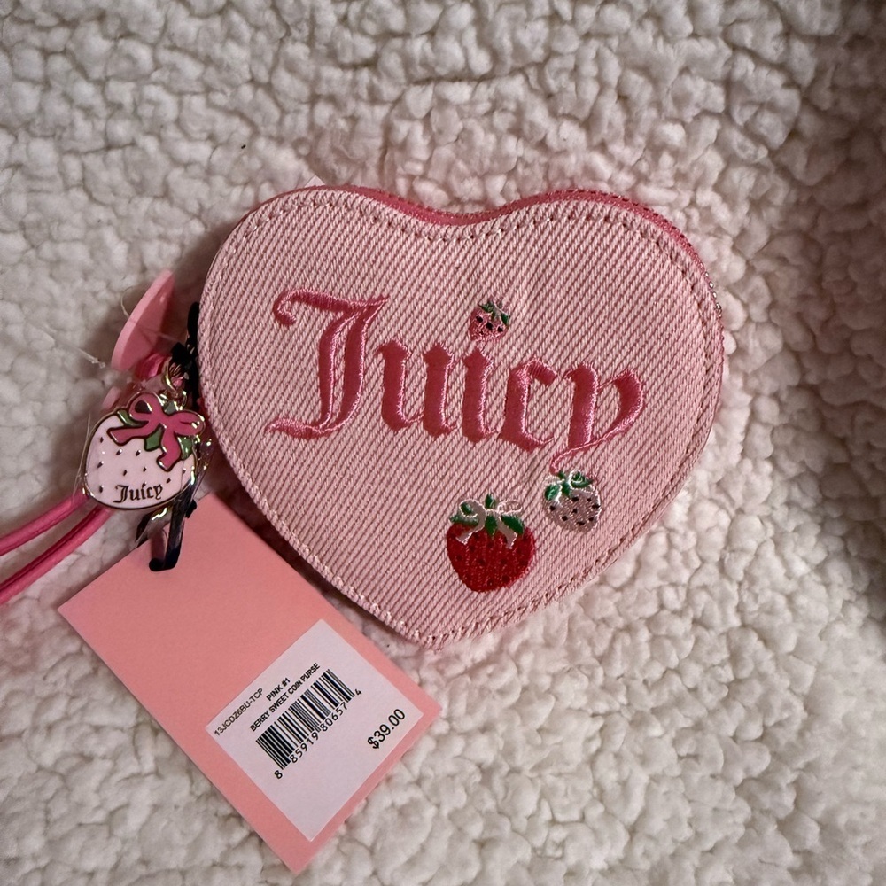 NWT Juicy Couture Berry Sweet Pink Heart Coin Pouch with Strawberry Charms